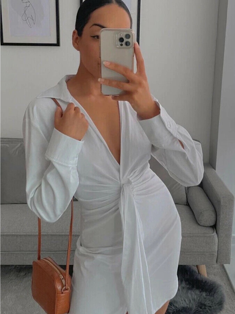 Zara White Stretch Poplin Shirt Dress Large Mini MultiWay Tie Bachelorette Party - Picture 3 of 11